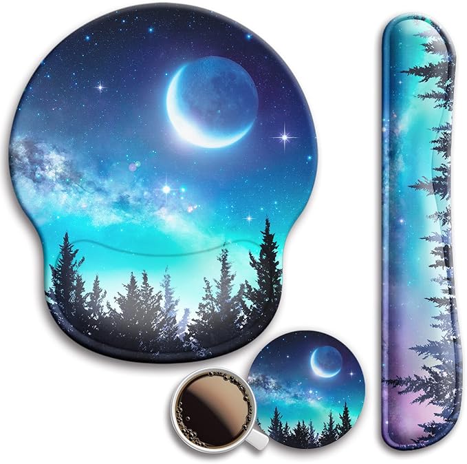 Mouse Pad and Keyboard Wrist Rest Support, with Non-Slip PU Base,Gel Mouse Pad with Coaster,Pain Relief for Gaming, Computer,Office -Forest Moon