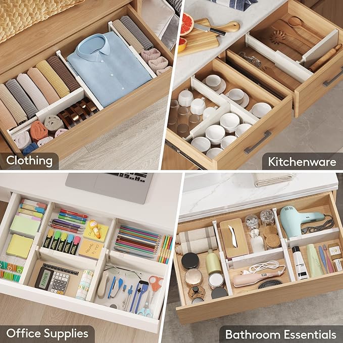 Lifewit 14 Pack Drawer Dividers 4" High, 11-17" Adjustable Drawer Organizers for Clothes, Expandable Dresser Separators in Bedroom/Bathroom/Kitchen/Fridge/Office Organization and Storage, Beige