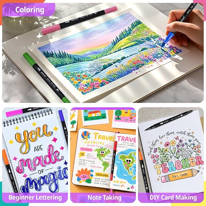 Nicecho 24 Colors Dual Tip Art Markers Pens for Adult Coloring Books, Brush and Fineliner Tip Art Suppliers for Journaling Note Taking Lettering