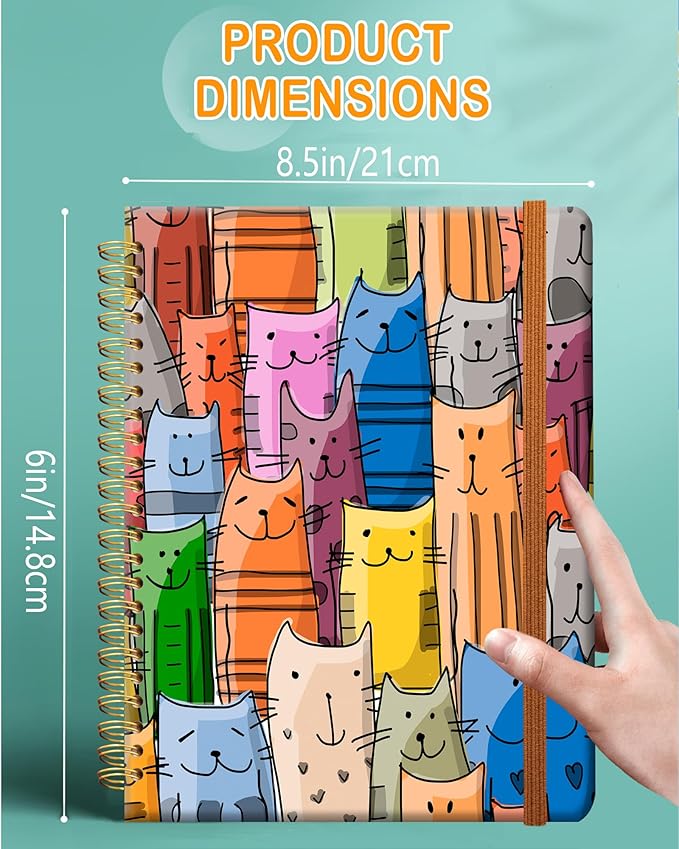 Ruled Spiral Writing Notebook,A5 Hardcover Lined College Journal for Women Lady,Fashion Puppy Watercolor Strong Twin-Wire Binding with Premium Paper,8.4" X 6",Perfect for School,Office,Home Gifts(Funny Cats)