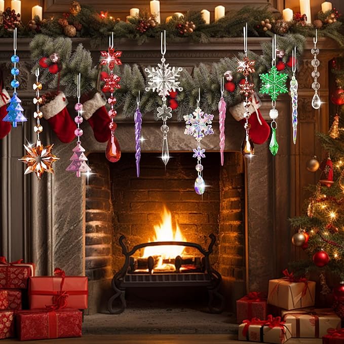 Lanpn 22pcs Christmas Ornaments Crystal Christmas Tree Decoration, Hanging Clear Acrylic Snowflake Icicle Drop Crystal Pendants for Xmas Tree Winter New Year Outdoor Indoor Party Decoration (Purple)