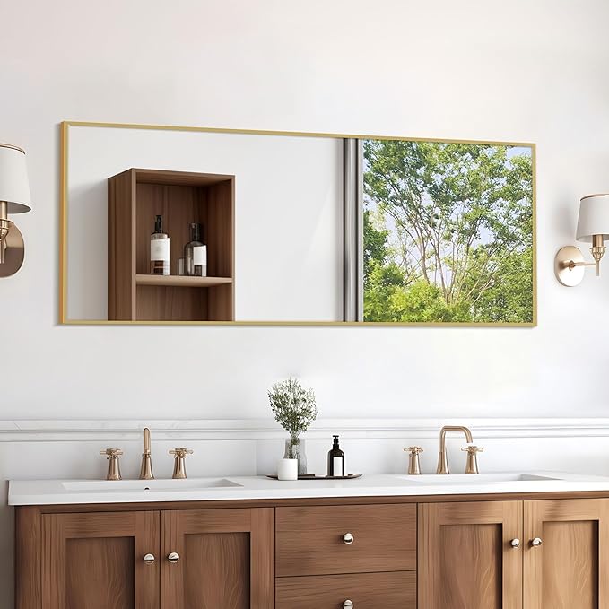 64"×21" Aluminum Gold Frame Full Length Mirror, Large Full Length Mirror for Home Decor, Shatter-Proof Glass Floor Mirror with Stand, Free Standing, Leaning Against Mirror for Bedroom Decor, Gold