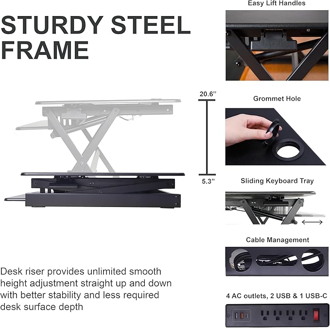 Rocelco 40" Height Adjustable Standing Desk Converter with AC Outlet USB Charger and Dual Monitor Stand - Tabletop Riser Computer Workstation - Sliding Keyboard Tray - Black (R DADRB-40-ACUSB-DMS)