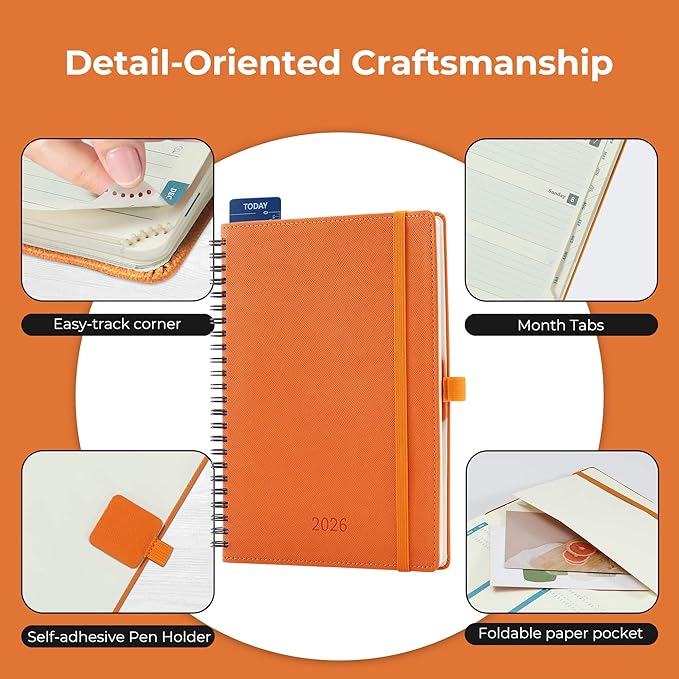 Planner 2026 Daily Weekly and Monthly,8.5"x6.5",12 Months Spiral Bound Calendar Agenda with Self-adhesive Pen Holder,2026 Appointment Book with Vegan Leather Soft Cover,Orange
