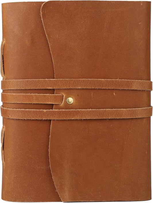 KomalC Tan Handmade Leather Journal | 8x6 Inch Vintage Writing Notebook Unlined Pages | Rustic Non-Refillable Sketchbook for Travel, Art, Notes, Gifts