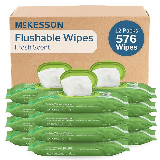 McKesson Flushable* Adult Wet Wipes – 576 Wipes (12 Pack of 48) – Aloe & Vitamin E, Plant-Based Cleansing Wipes, Scented