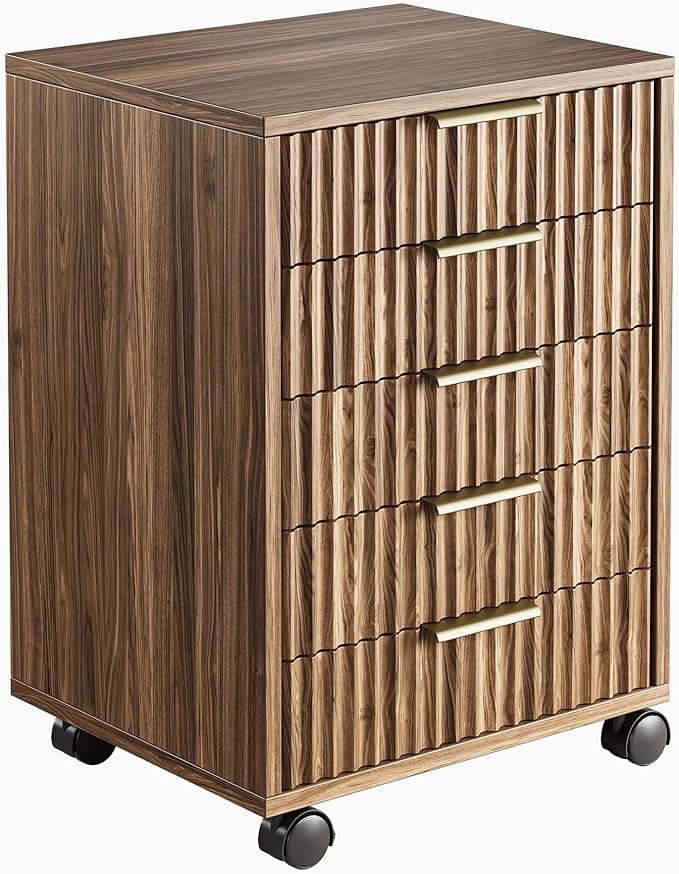 5 Drawer Chest, Under Desk Storage Wood Drawers with Wheels, Fluted File Cabinet for Home Office, Black Walnut