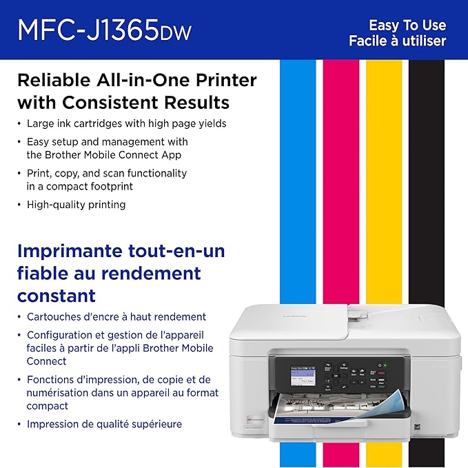 Brother INKvestment 1365 Wireless Color Inkjet All-in-One Printer with Automatic Duplex Printing and 1.8” Color Display | Includes Refresh Subscription Trial(1) (MFC-J1365DW)