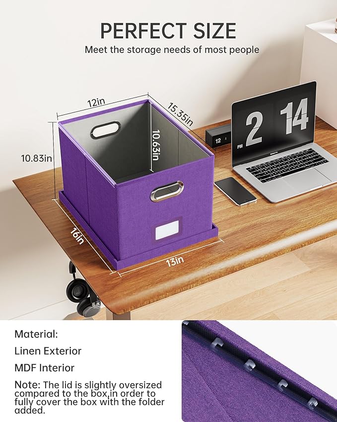 2 Pack File Storage Organizer, Filing Box, Portable File Box with Lid, Fit for Letter/Legal File Folder Storage, Document Organizer, Purple