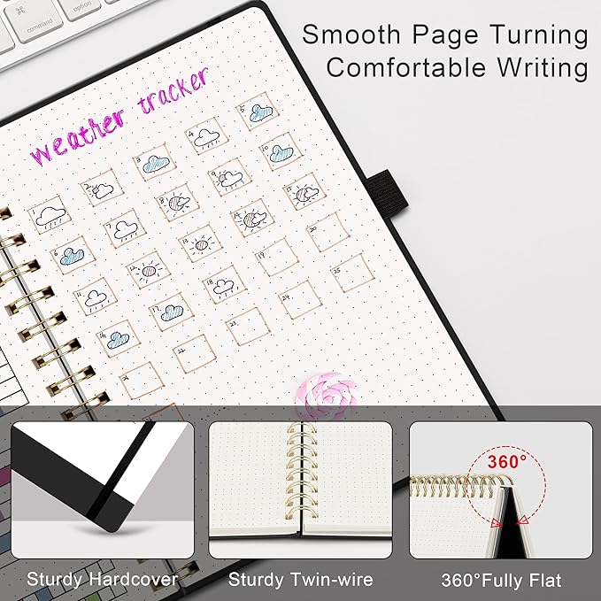 RETTACY Bullet Dotted Journal Notebook, 140 Pages, A5 Medium Size (5.7'' x 8.3''), Hardcover, 100 GSM Thick Paper, for Bullet Journaling, Planning, Tracking (Black)