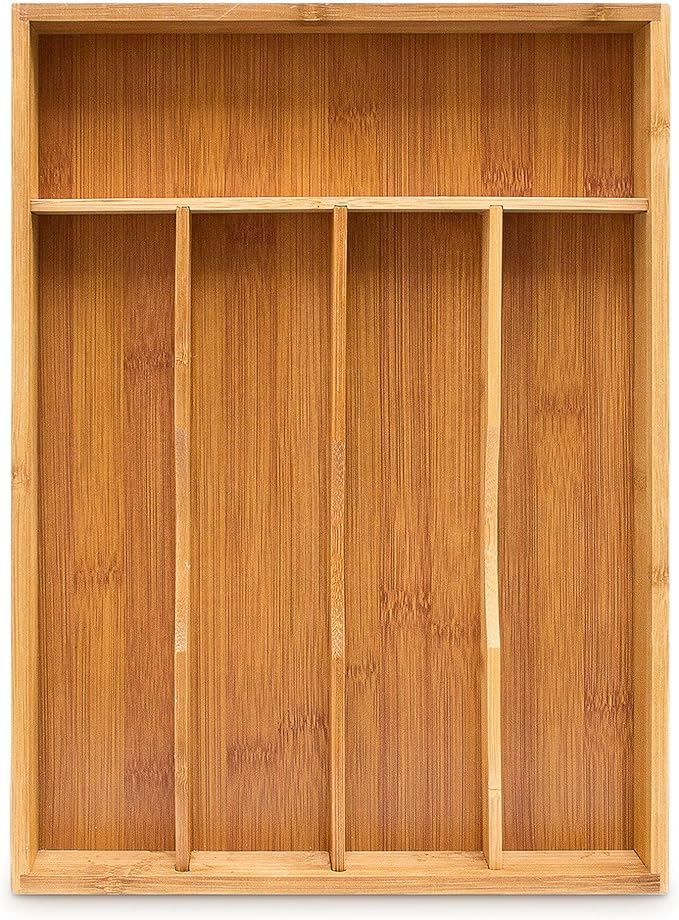 Bamboo Drawer Organizer - Kitchen Utensil Holder, 5 Slots Silverware Drawer Organization, Kitchen Wooden Tray for Cutlery, Flatware & Stationery - Natural