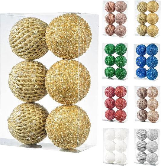 6pcs 3.94" Christmas Ball Ornaments Glitter Shatterproof Christmas Tree Ornaments Sequin Xmas Hanging Balls Decorations for Wedding Party Holiday(Gold, 6pc-10cm)