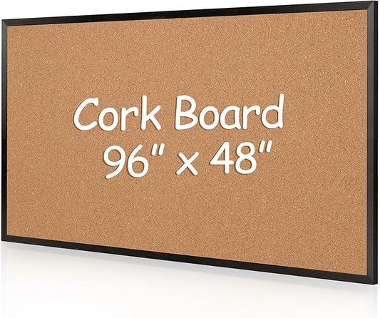 Board2by Extra Large Cork Bulletin Board 96" X 48", Black Wood Framed 8'x4' Corkboard for Wall, Wall Mounted Notice Pin Board with 18 Push Pins for School, Home & Office
