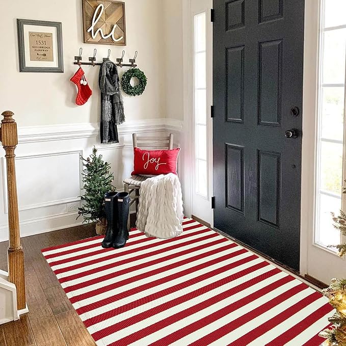 Christmas Outdoor mat Red and White Striped Outdoor Rug Front Porch Rug,Christmas Home Decor, Layerd Welcome Doormat for Front Porch Decor, Front Door, Farmhouse Decor (Red and White, 36''x60'')