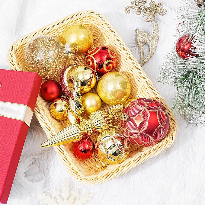 123pcs Christmas Ball Ornaments Set, Shatterproof Plastic Balls for Classic Xmas Decorations, Hanging Ornaments for Christmas Tree, Holiday, Bridal, Home Party, Gold and Red