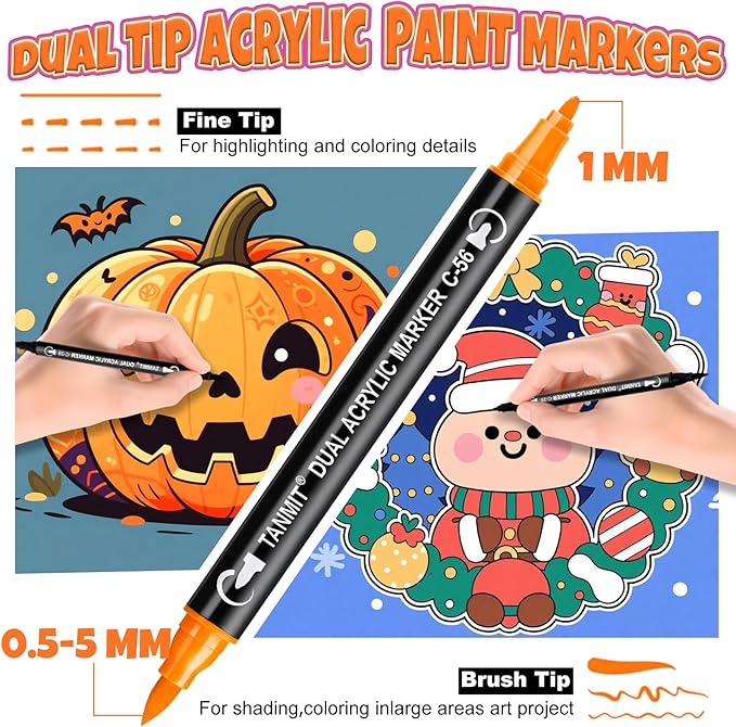 50 Colors Acrylic Paint Markers, Dual Tip Acrylic Paint Pens with Fine Tip and Brush Tip for Rock Painting, Ceramic, Wood, Plastic, Calligraphy, Scrapbooking, Brush Lettering, Card Making, DIY Crafts