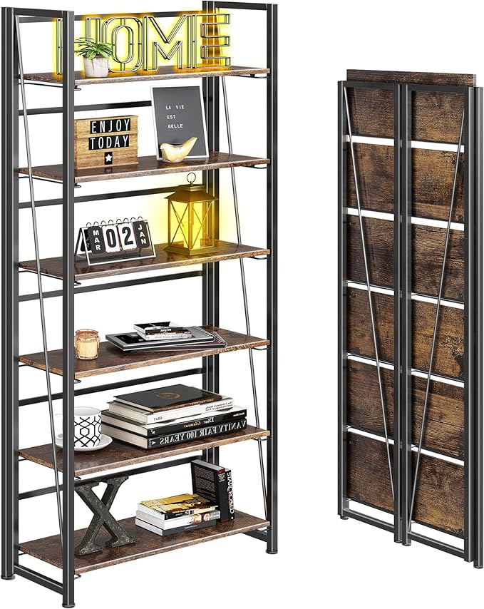 4NM No Assembly Folding Bookshelf, 6-Shelf 74" H Collapsible Foldable Bookcase Storage for Small Spaces, Rustic Brown and Black