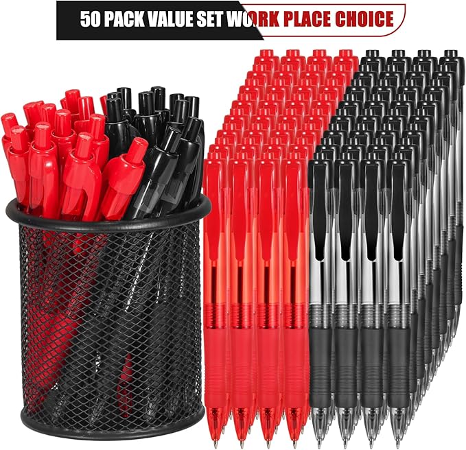 deegtran Pens Bulk, 50 Pack No Bleed Black & Red Ink Click Pens with Soft Grip, Wholesale Retractable Ballpoint Pens for Office School, Medium Point Smooth 1.0MM