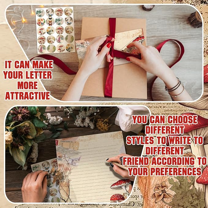 TaoBary 160 Pcs Stationery Paper Set 50 Double Sided Stationery Papers with 50 Matching Envelopes and 60 Round Dot Sticker, 10 Design(Nature Vintage Style,8.5 x 11 Inch)