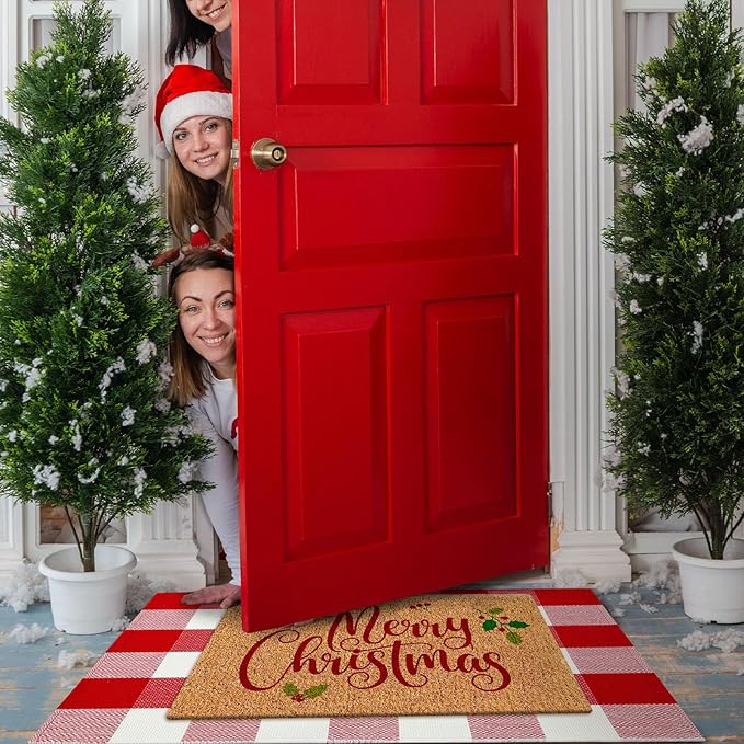 2 Pcs Merry Christmas Door Mat Outdoor Christmas Nature Coir Welcome Outdoor Rug Red White Checked Xmas Front Porch Rugs Non Slip Floor Mats Indoor Entrance Decor