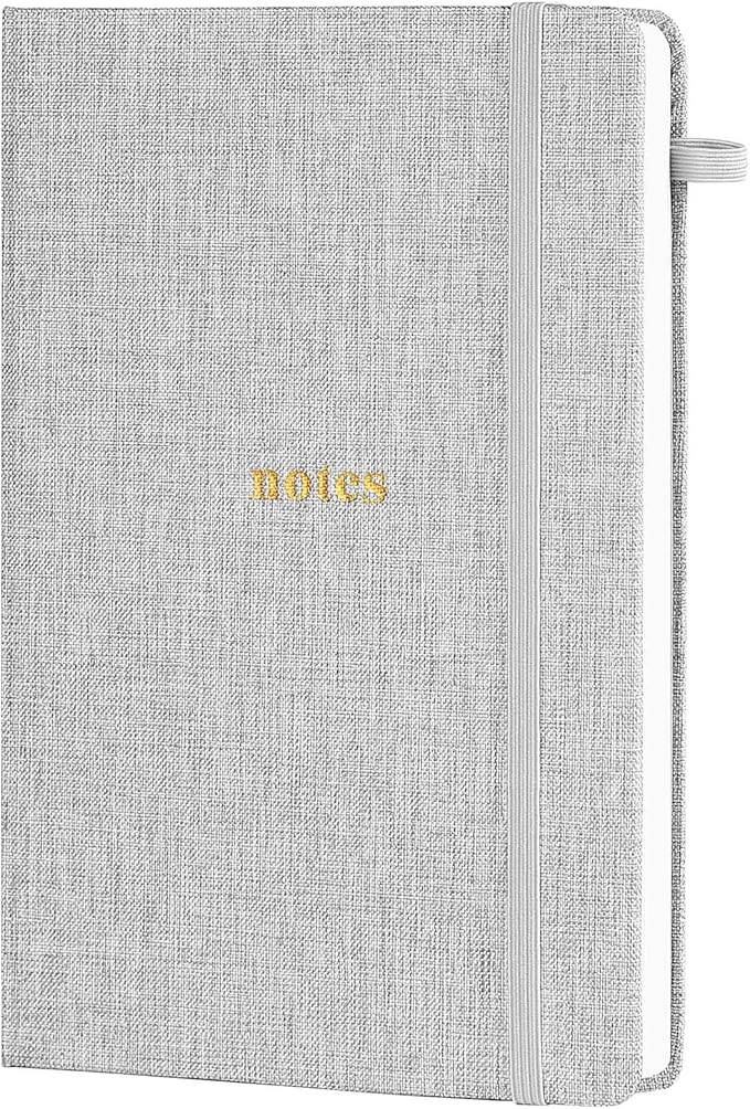 A5 Lined Journal Notebook – Hardcover Fabric Cover 160 Pages 100 GSM Thick Paper With Elastic Band & Pen Holder College Ruled Writing Notebooks for Work School Travel Gray
