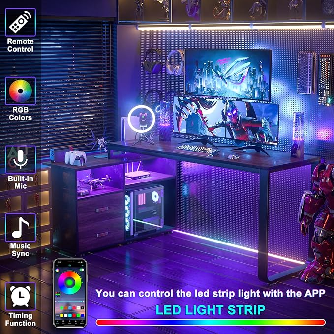 Homieasy L Shaped Desk with File Cabinet & Power Outlet, Reversible 55 Inch Large Corner Computer Desks with LED Strip, L-Shaped Computer Desk with Drawers and Storage Shelves, Espresso