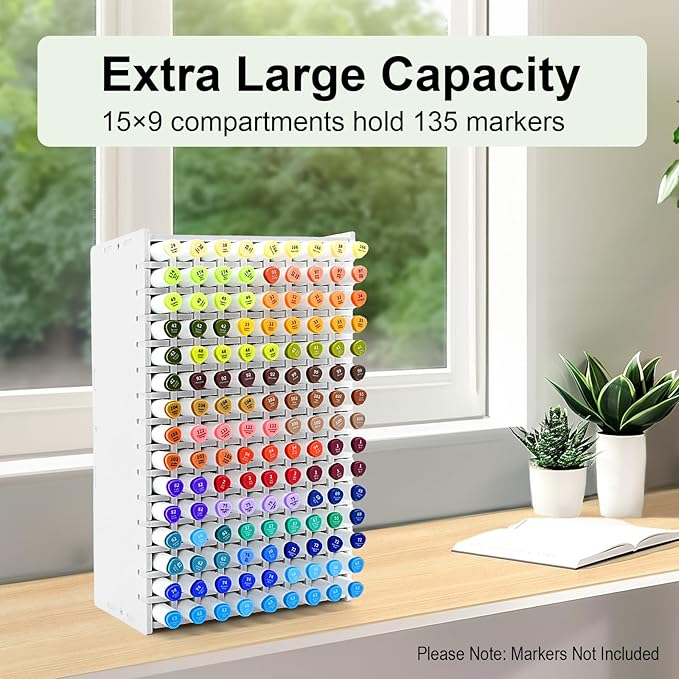 Marker Organizer, 135-Slot Marker Holder with Adjustable Dividers, Marker Storage Organizer for Desk, Home, Office, Craft Room, and Classroom