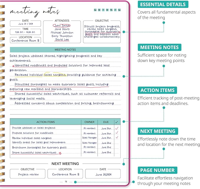 Taja Meeting Notebook for Work Organization - Work notebook with action items, Meeting Minutes Planner Notebook, Perfect Office Supplies for Men & Women - Berry Pink