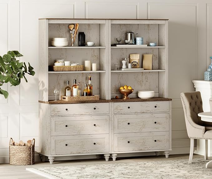 WAMPAT 3 Tier Bookshelf with 3 Drawers, 72" Tall Bookcase Large Farmhouse Display Book Case Shelf with 3-Tier Open Book Shelfs，Library Wood Bookshelves for Living Room,Kitchen, Rustic White (2PCS)