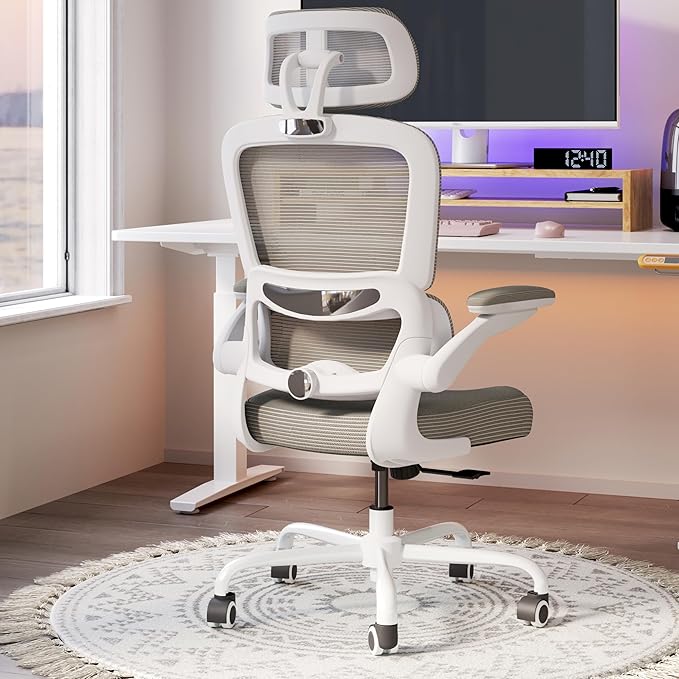 TRALT Ergonomic Office Chair - Desk Chair with Adjustable Headrest Lumbar Support Computer Chair - Mesh Comfy Chair with Flip-up Armrests - Gaming Chairs for Adults Home Office (Leather, Grey)