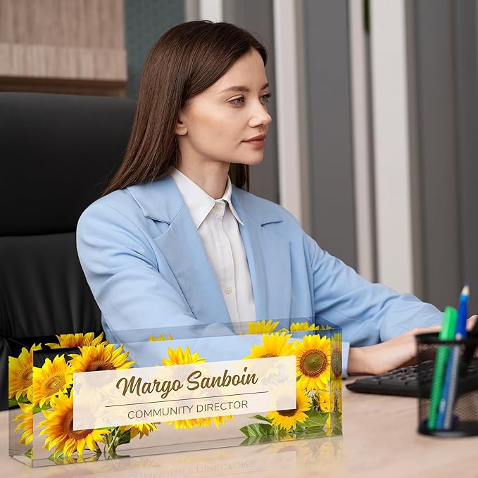 Ship Next Day-Custom Name Plate for Desk, Desk Name Plate Personalized, Acrylic Office Desk Accessories, Appreciation Gifts for Coworkers Employee Teachers Boss Women Men (Sunflower)