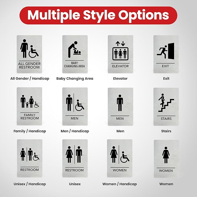 Promot Men and Women Handicap Restroom Sign – ADA Braille Bathroom Sign for Business, Self-Adhesive, 9" x 6", Commercial Door Signage, Office Wall Decor - Brushed Steel