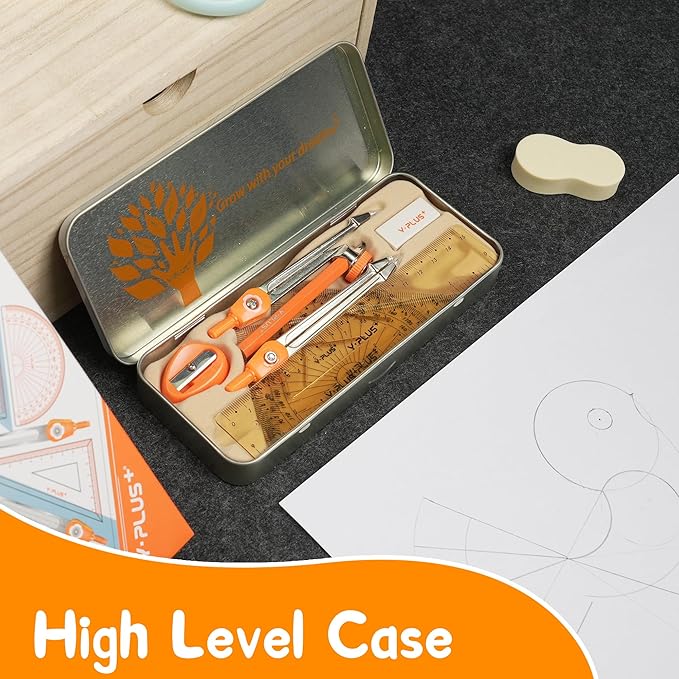 YPLUS Geometry Set for Students, Math Protractor Compass, Box of Protactors Kit for Class Supplies and School Kids Toddler - 11 Pcs