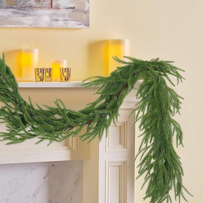 2 Pcs Christmas Norfolk Pine Garland, 6 FT Real Touch Norfolk Pine Garland Ornament, Christmas Artificial Greenery Cedar for Holiday Mantle, Table, Fireplace, Stair, Indoor, Outdoor Xmas Decorations