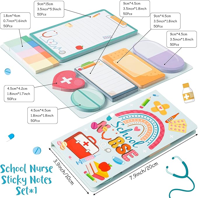 Xqumoi School Nurse Sticky Notes Set - Cute Cartoon Medical Self-Stick Note Pads Writing Memo Pad Page Marker Bookmarker for Nursing Student Essentials Hospital Gift Back to School Office Supplies
