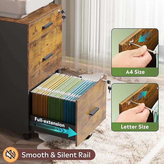 DEVAISE 3 Drawer Rolling File Cabinet with Lock, Wood Filing Cabinet fits Letter / A4 Size for Home Office, Rustic Brown