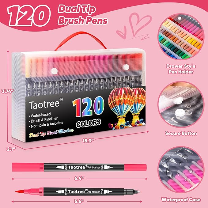 Taotree 120 Colors Dual Tip Art Markers Pens for Kids Adult Coloring Book, Artist Fine & Brush Tip Coloring Markers Drawing Pen for Journaling Note Taking Lettering Calligraphy Craft Art Supplies Set