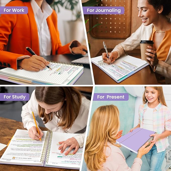 Hardcover Spiral Journal Notebooks for Work With Removable Dividers & Tabs, 8.5"x11" 5 Subject Notebook for Note Taking & Organizer, A4 College Ruled Lined Journal for Women & Writing, Lilac Purple, 280 Pages