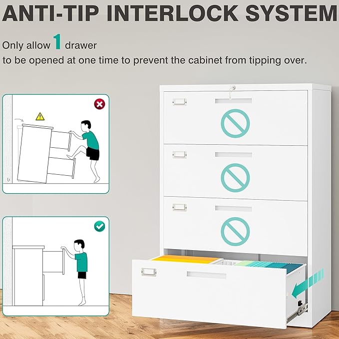 SISESOL 4 Drawer Lateral File Cabinet with Lock,White Lateral Filing Cabinet,Horizontal Metal Filing Cabinets,Locked Wide Four Drawer File Cabinets for Office Home,Fit A4/F4/Letter/Legal File