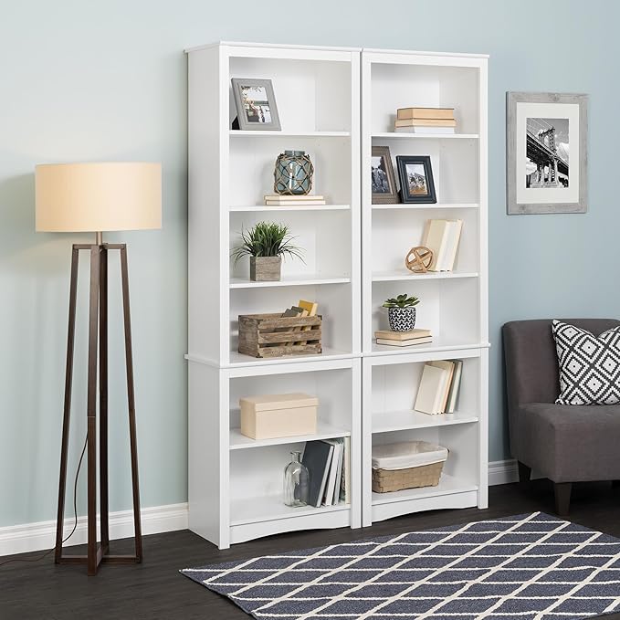 Prepac Sonoma Tall 6-Tier Bookcase 80"H with 2 Adjustable Shelves, White Storage Cabinet, Modern Display Cabinet, Bookshelf with Storage Shelves for Home Office, Living Room, Bedroom Organizer