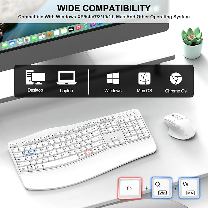 Wireless Keyboard and Mouse Combo, 2.4G Full Size Wave Keys Ergonomic Keyboard with Wrist Rest and 3-Level DPI Adjustable Wireless Ergonomic Mouse for Windows, Mac OS Desktop/Laptop/PC(White)