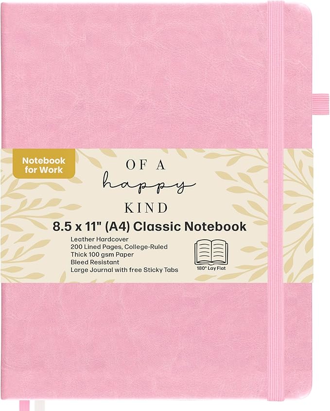 Classic Lined Journal Notebook 8.5x11" A4 Hardcover Leather - Pink - 200 Pages College Ruled Large with Sticky Tabs, Pockets, and Pen Loop for Writing and Journaling - Big Hardback Men and Women
