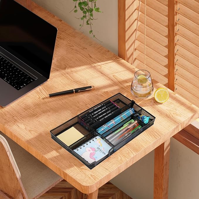 Desk Drawer Organizer Tray, 4 to 6 Grid Drawer Divider with 2 Adjustable Compartments, Metal Mesh Desk Organizer for Stationery Makeup Kitchen Toolroom School &Office, 12.6x8.26x1.57 in,1 PC
