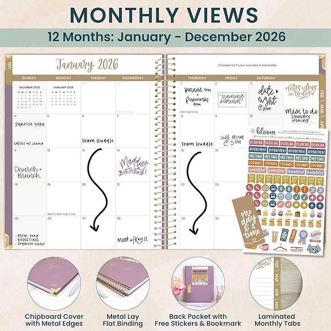 bloom daily planners HARDCOVER 2026 Planner (January to December) - 8.5” x 11” Weekly & Monthly Dated Agenda Organizer Book with Stickers & Tabs - Purple Linen