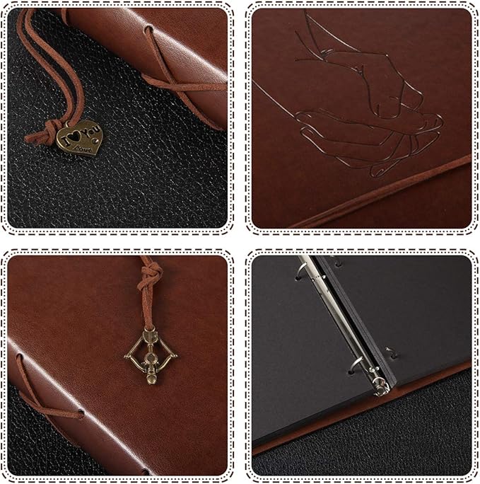 ThxMadam Leather Scrapbook Photo Album Vintage Wedding Guest Book DIY Memories Book with 60 Black Pages Present for Valentines Mother's Anniversary Day Birthday Christmas Gift for Wife Mum Daughter