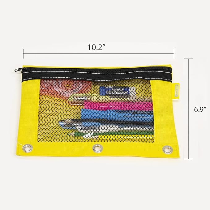 BAZIC Pencil Pouch 3 Ring Binder Pouch w/Rivet Enforced Rings Holes, Mesh Window, Bright Assorted Color Zipper Pouches Case, 6-Pack