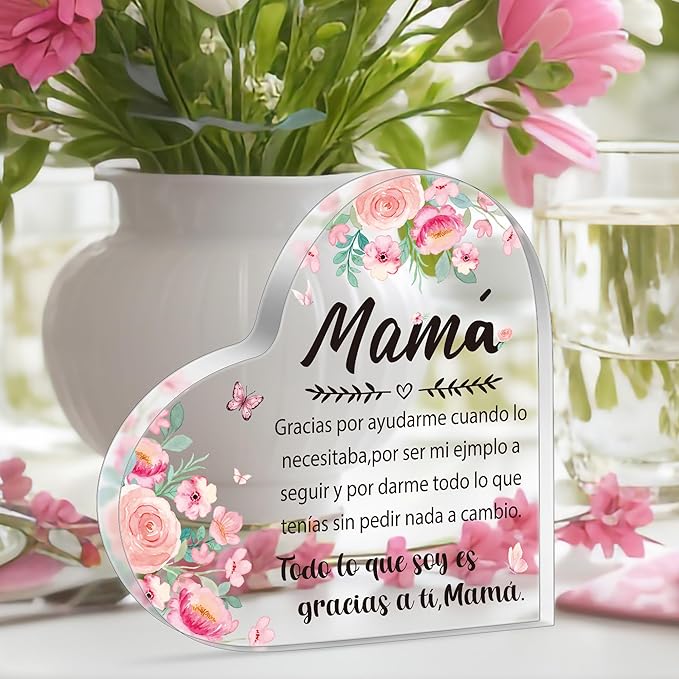 Yopyame Acrylic Gifts for Mom - Regalos para Mamá Acrylic Gifts Spanish Mom Acrylic Heart Keepsake Paperweight from Daughter Son Mother's Day Birthday Christmas Valentines Acrylic Sign Plaque for Mom