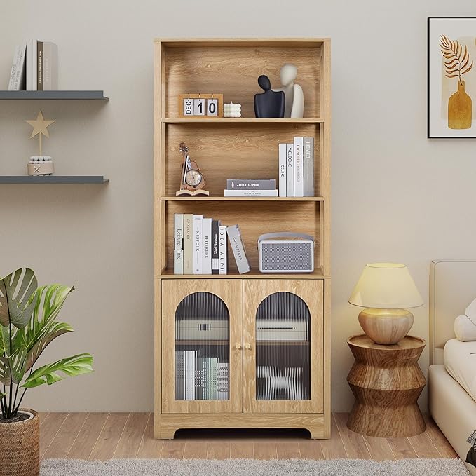 RARZOE 71" Tall Bookshelf and Bookcase, 5-Tier Arched Bookshelf with Glass Doors, Floor Standing 5 Shelf Book case, Wood Display Cabinet Storage Organizer for Living Room, Bedroom, Office(Natural)