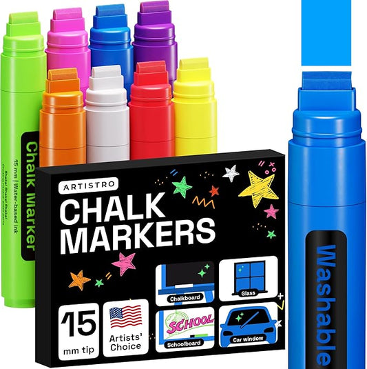 ARTISTRO 8 Liquid Chalk Window Markers for Car Glass Washable - Jumbo Tip 15 mm - Vibrant, Erasable, Non-Toxic Markers for Glass, Signs, Windows, Cars, Chalkboard for Kids & Adults