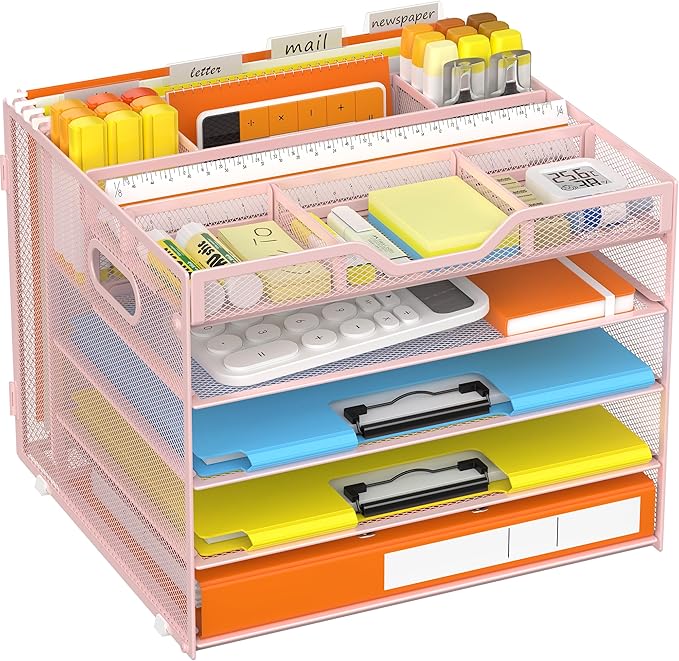 Docnest 5 Tier Letter Tray with Hanging File Organizer-Mesh Desk Organizer-Desktop Storage Box Built in Pen Holder and Handles, File Folder Holder for Mail Documents Office Supplies-Pink